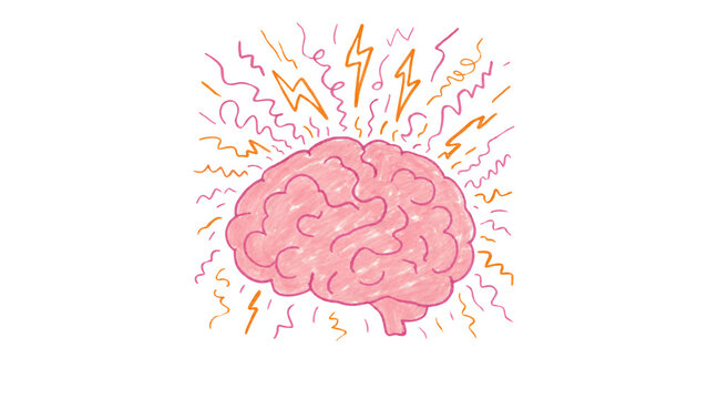 Hand-drawn brain brainstorming illustration, pink human brain with lightning bolts, mental health and creative thinking concept on white background