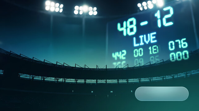 Large scoreboard showing a high game score during a night athletic event inside a massive stadium illuminated by bright powerful floodlights under a dark evening sky filled with foggy atmosphere