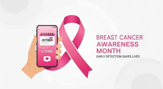 Hand holding phone with pink ribbon for breast cancer month
