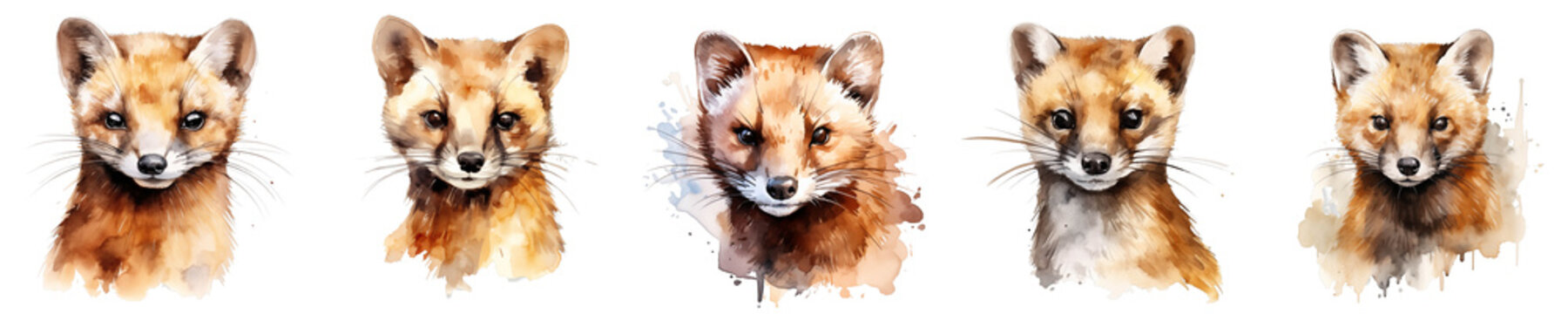 Watercolor painting features a group of adorable bush dogs on a solid black background