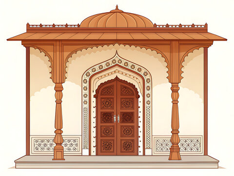 Indian haveli doorway with ornate but simplified wooden canopy, arched entrance, warm brown and cream colors, premium vector illustration