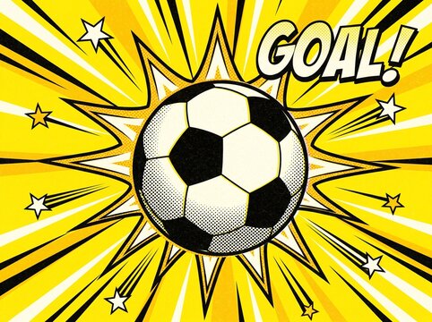 Soccer ball impact illustration with goal text in comic book style