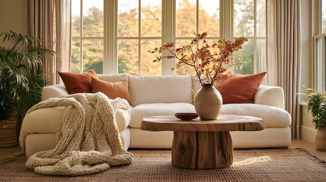 Bright cozy living room in autumn with white sofa, chunky knit throw, and big windows overlooking fall trees