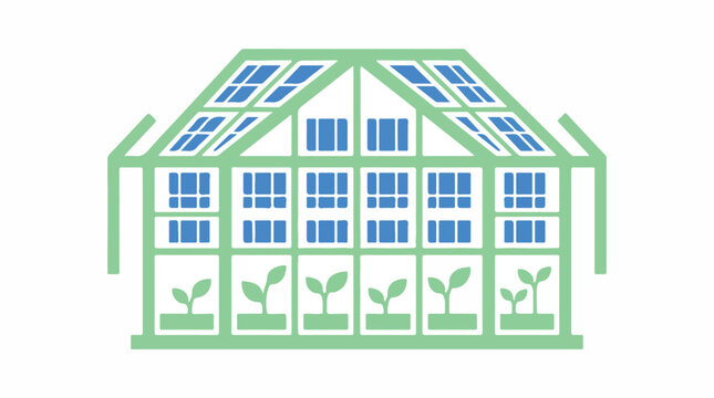 A front-facing minimalist icon of a greenhouse with solar cells integrated into the glass panels, showing small sprout silhouettes inside. 3-color palette: mint, blue, white. trace optimized,