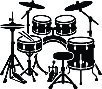 Acoustic Drum Kit Silhouette &ndash; Rock Band Drum Set & Cymbals Icon, Black Cutout Percussion Music Vector, Isolated on White