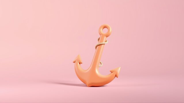 Coral anchor rests upon soft pink surface. Minimalist design, studio lighting creates gentle shadows. Simple, clean aesthetic.
