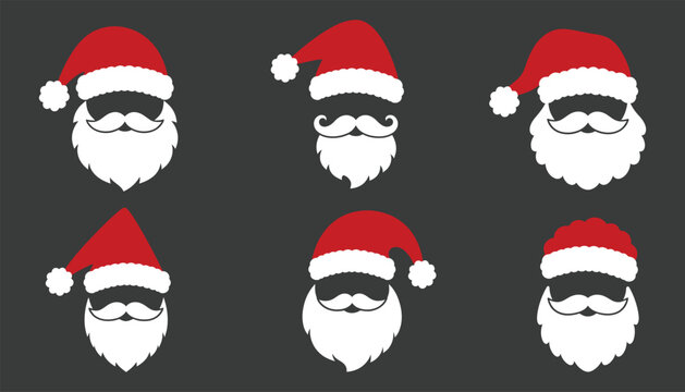 Set of santa claus hats and beards, christmas holiday vector icons, collection of festive facial hair and headwear elements