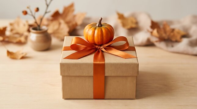 Rustic gift box with orange ribbon and mini pumpkin topper on table.