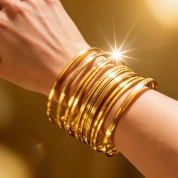 Gold bangles on woman's wrist with sparkling light