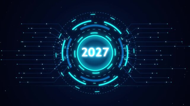 Futuristic digital HUD interface with glowing blue 2027 text and electronic circuit board lines