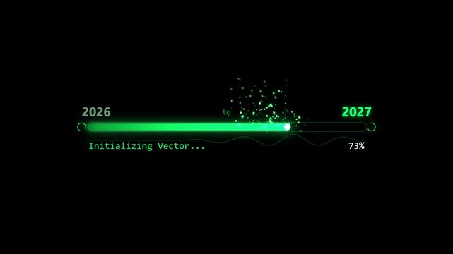 Futuristic green loading progress bar transitioning from year 2026 to 2027 with HUD digital data