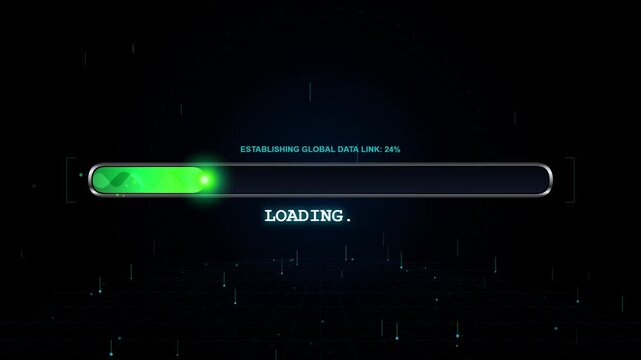 Futuristic HUD loading progress bar animation establishing global data link 100 percent