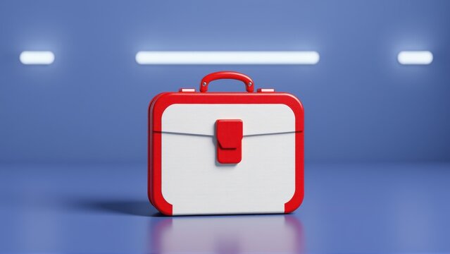 Red, white medical case sits centered. Minimalist design, smooth surface, dark background creates contrast. Simple studio lighting.