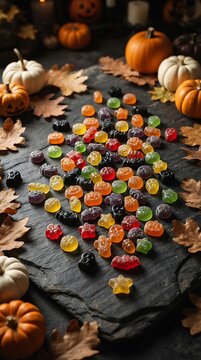 Halloween gummy candies scattered on dark stone with mini pumpkins and leaves.