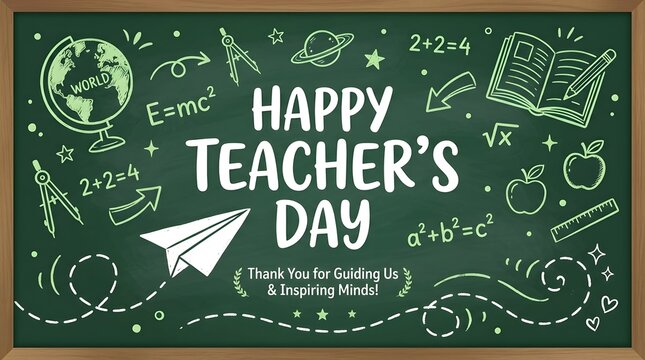 Happy teacher day greeting card design with chalk drawings on green chalkboard