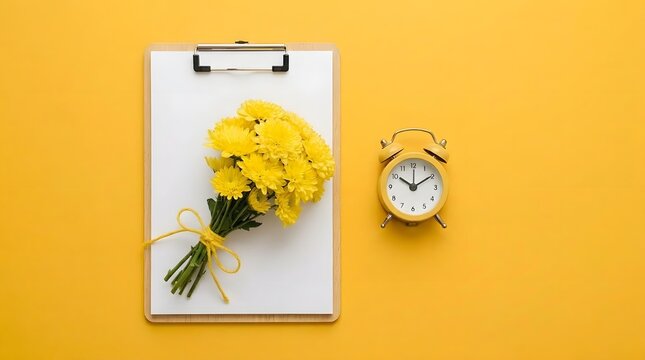 A clipboard with yellow flowers and an alarm clock on yellow background