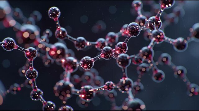 Molecular structure close-up: A vibrant abstract visualization of interconnected molecules, with glowing red centers, creates a dynamic and intricate scientific background.