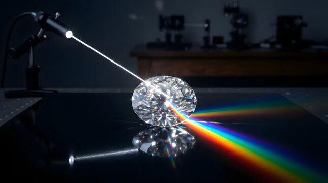 a white beam of light running through the sparkling diamond in a dark lab and the light is diffracted well,