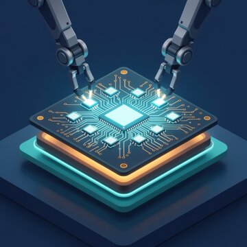 Robotic Arms Assembling a Glowing AI Microchip