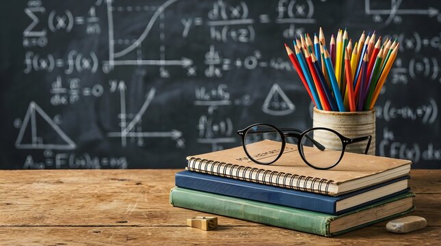 Stack of books with glasses and pencils against a math blackboard background