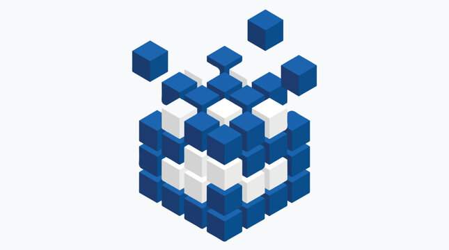 A minimalist isometric cube composed of smaller blue and white cubes, with a few blocks floating to suggest a complex cryptographic structure. trace optimized, minimalist flat vector artwork,