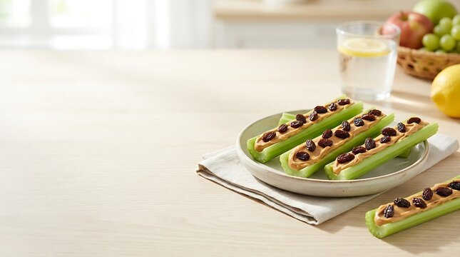 Freshly prepared ants on a log snack made with celery sticks, peanut butter, and raisins on a bright table