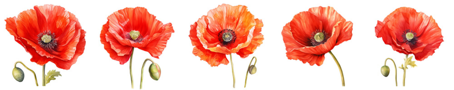 Five red poppy flowers in watercolor style on black background arranged in a row