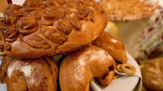 Close-up of various loaves and pastries.