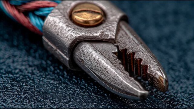 Close-up of a Metal Pliers Tool: Detailed macro shot of a rugged metal pliers with a screw fastening, showing its serrated gripping jaws and braided rope detail.