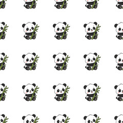 Cute cartoon panda hugging bamboo seamless pattern background, sweet baby bear texture backdrop © เหนือ เมฆ