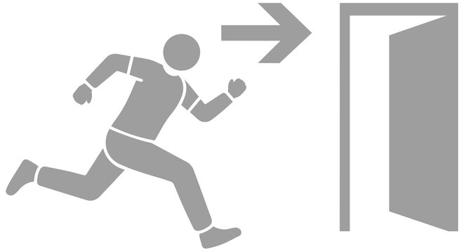 Gray emergency exit sign with running person and open door icon isolated on transparent PNG background