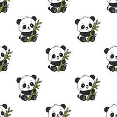 Cute cartoon panda hugging bamboo seamless pattern background, sweet baby bear texture backdrop © เหนือ เมฆ