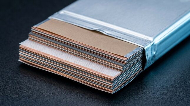 Foil-wrapped pouch battery revealing stacked copper and separator sheets