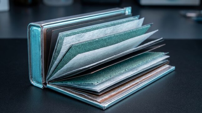 Opened prismatic battery pack fanned like pages of layered electrodes