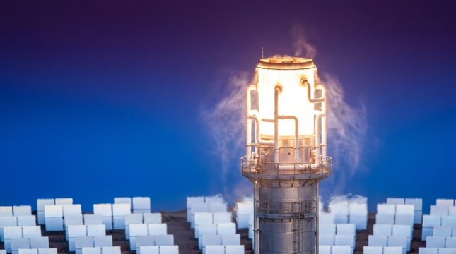 Blazing CSP receiver glowing against deep blue sky over mirror field