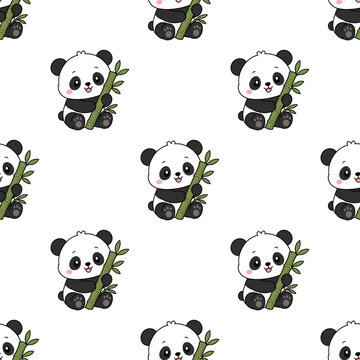 Cute cartoon panda hugging bamboo seamless pattern background, sweet baby bear texture backdrop