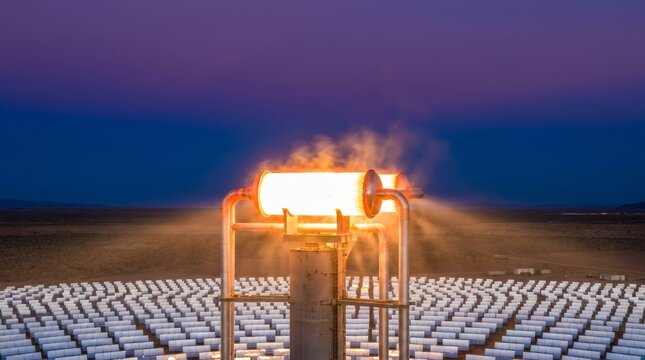 Dusk-lit CSP receiver blazing over rows of desert solar mirrors