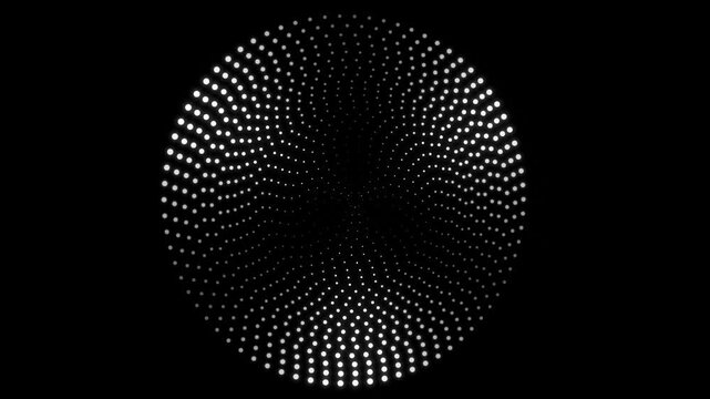 Abstract halftone dot sphere background, rotating geometric particle circle overlay, hypnotic black and white motion design