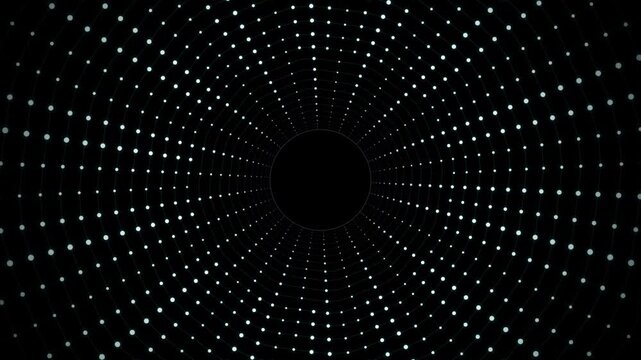 Futuristic digital particle tunnel background, abstract glowing white dot matrix animation, radial dotted vortex speed trail video for motion graphics background