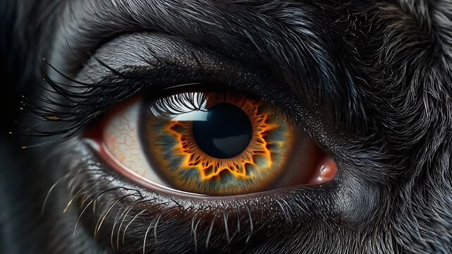 Firefly Extreme macro photorealistic footage of a powerful black bull eye, fiery amber iris, narrowed