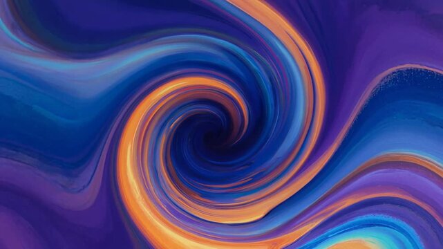Abstract fluid vortex in swirling motion with vibrant blue and orange hues during a seamless loop