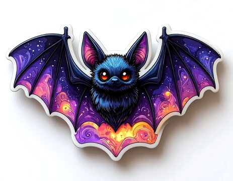 Cute cosmic bat illustration with starry nebula wings and vibrant colors.