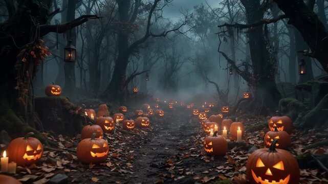Spooky halloween pumpkins lighting a dark forest path