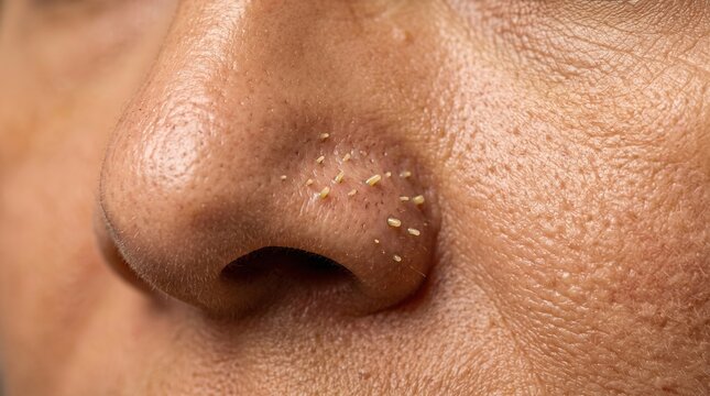 Macro Shot of Sebum Plugs and Open Comedones Extruding from Nose Pores