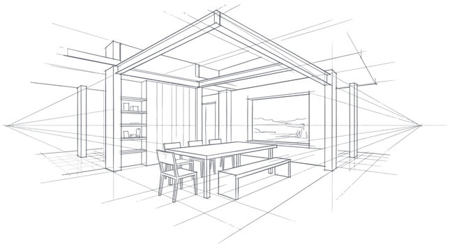 Architectural Sketch of a Modern Dining Room Interior.