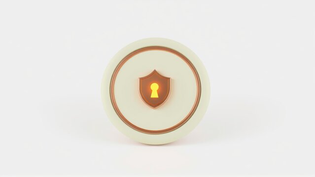 Round icon features shield symbol. Beige, gold tones dominate design. Minimalist style suggests security concept. Clean presentation.