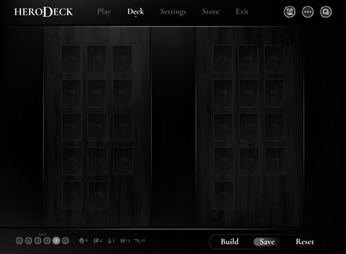 Fantasy TCG card game deck builder UI template featuring card slots, level controls, navigation menu, and dark medieval styling for strategic RPG gameplay.