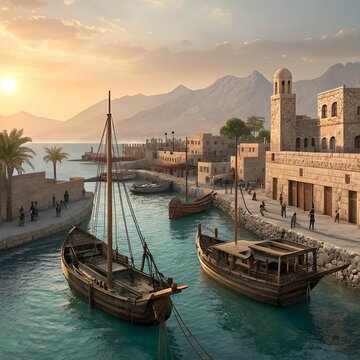 Arabic coastal scene with traditional wooden sailing boats, stone fortress, turquoise water and distant mountains at sunset highlighting heritage and maritime culture  generated ai