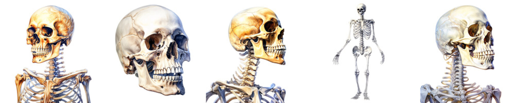 Anatomical illustration showing the anterior, lateral and full view of human skulls and skeleton on black background