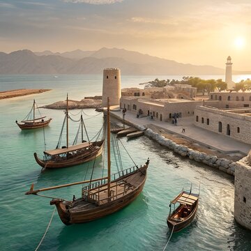 Arabic coastal scene with traditional wooden sailing boats, stone fortress, turquoise water and distant mountains at sunset highlighting heritage and maritime culture  generated ai